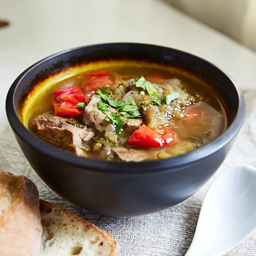 Healthy eggplant and tomato soup with beef tenderloin - one of my favorite recipes so far, the healthiest beef tenderloin dish ever. Paleo friendly. Low carb. Sweetness from peppers and onions is balanced by acidity from tomatoes. This soup is a definite must try.
