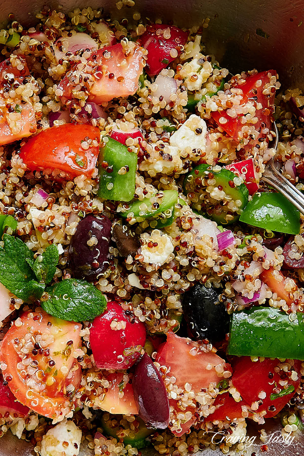 Tri-color quinoa and vegetables mixed with salad dressing in a bowl.