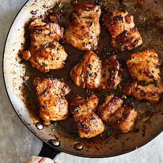 Succulent and amazingly flavorful 10-minute pan-fried boneless skinless chicken thighs.