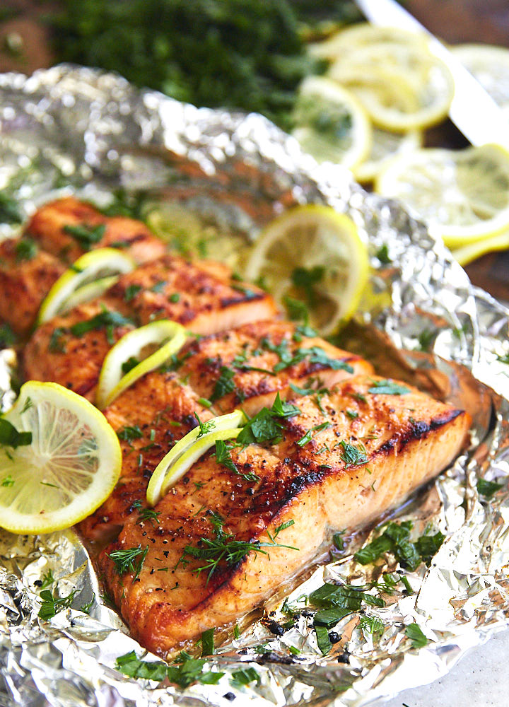 Broiled salmon fillet.