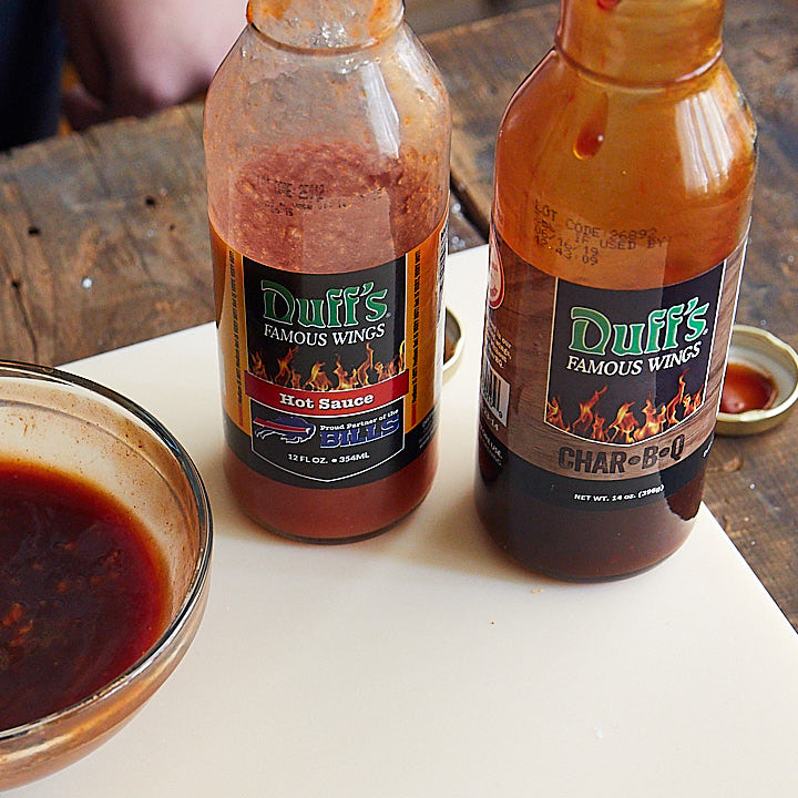 hot sauce and BBQ sauce bottles.