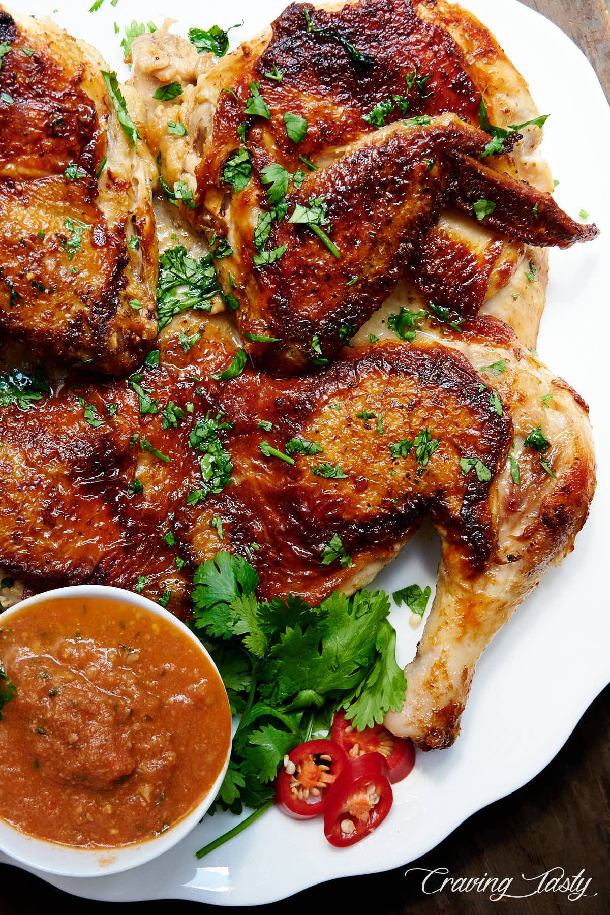 Georgian pan-fried chicken tabaka on a white plate with fresh cilantro and a tomato-walnut sauce.