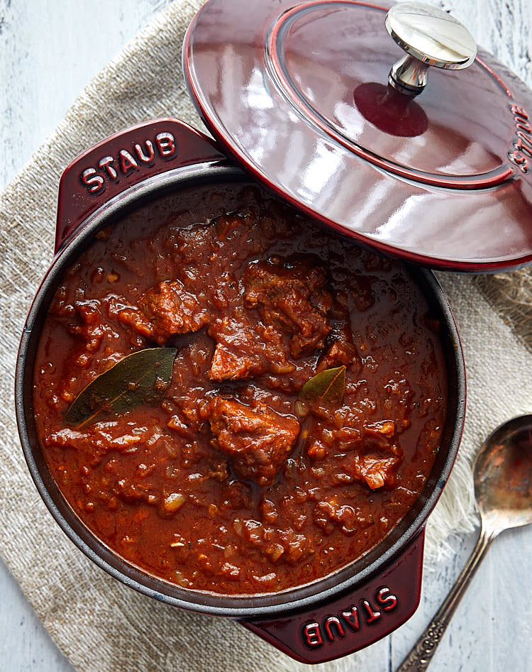 German goulash in a pot, top down view.