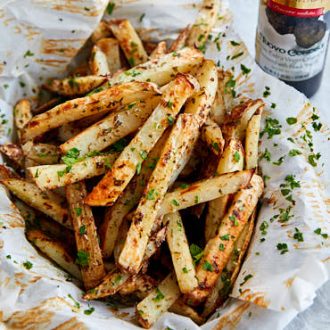Oven-fried truffle fries in a basket.