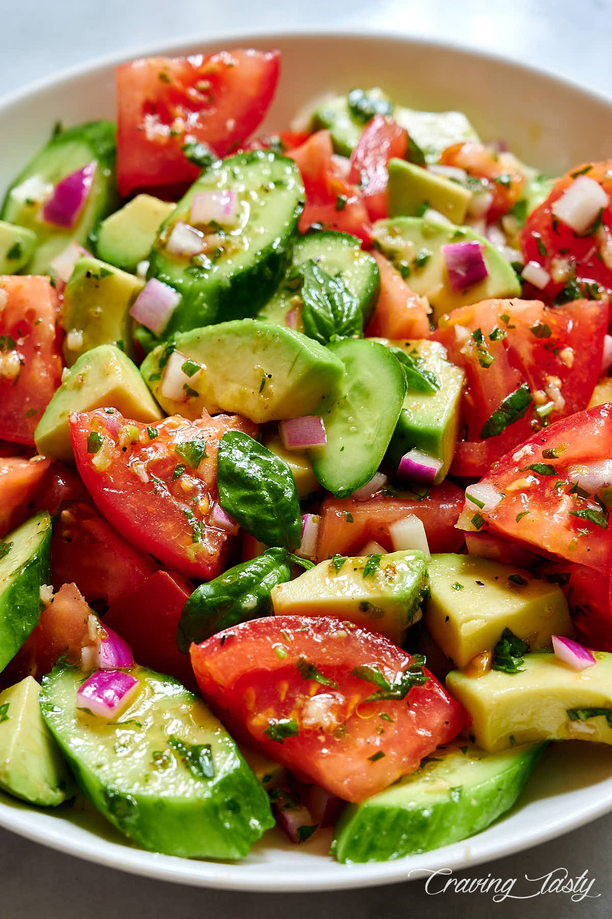 Close up view of tomato, cucumber and avocado salad.