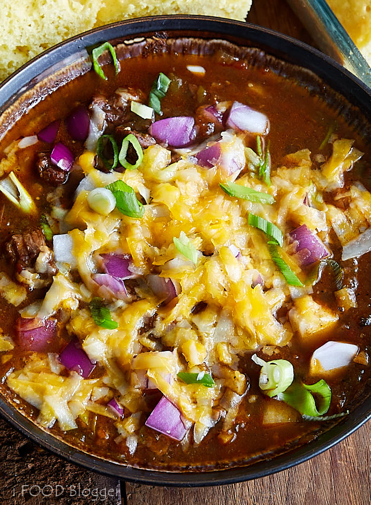 Top down view of Texas style chili in a bowl.