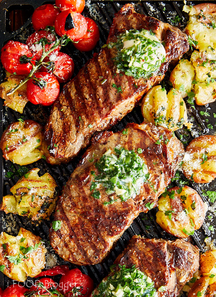 Top down view of broiled steaks.