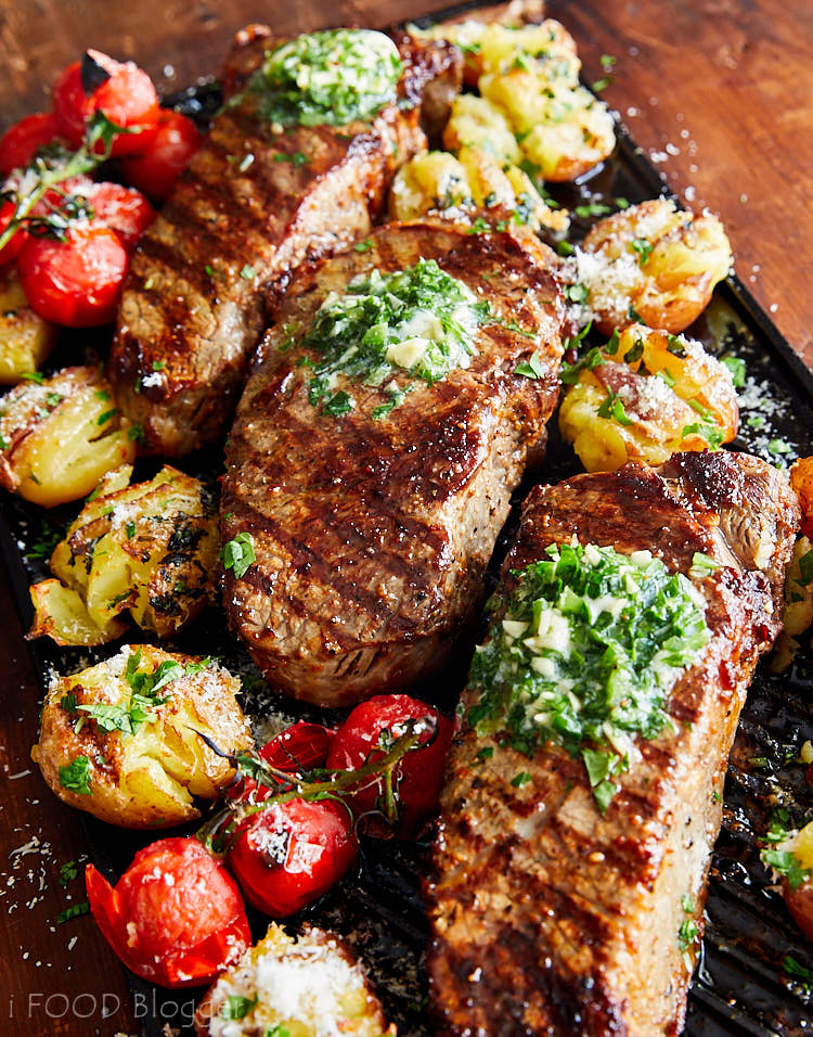 broiled steak with beautifully browned tops.