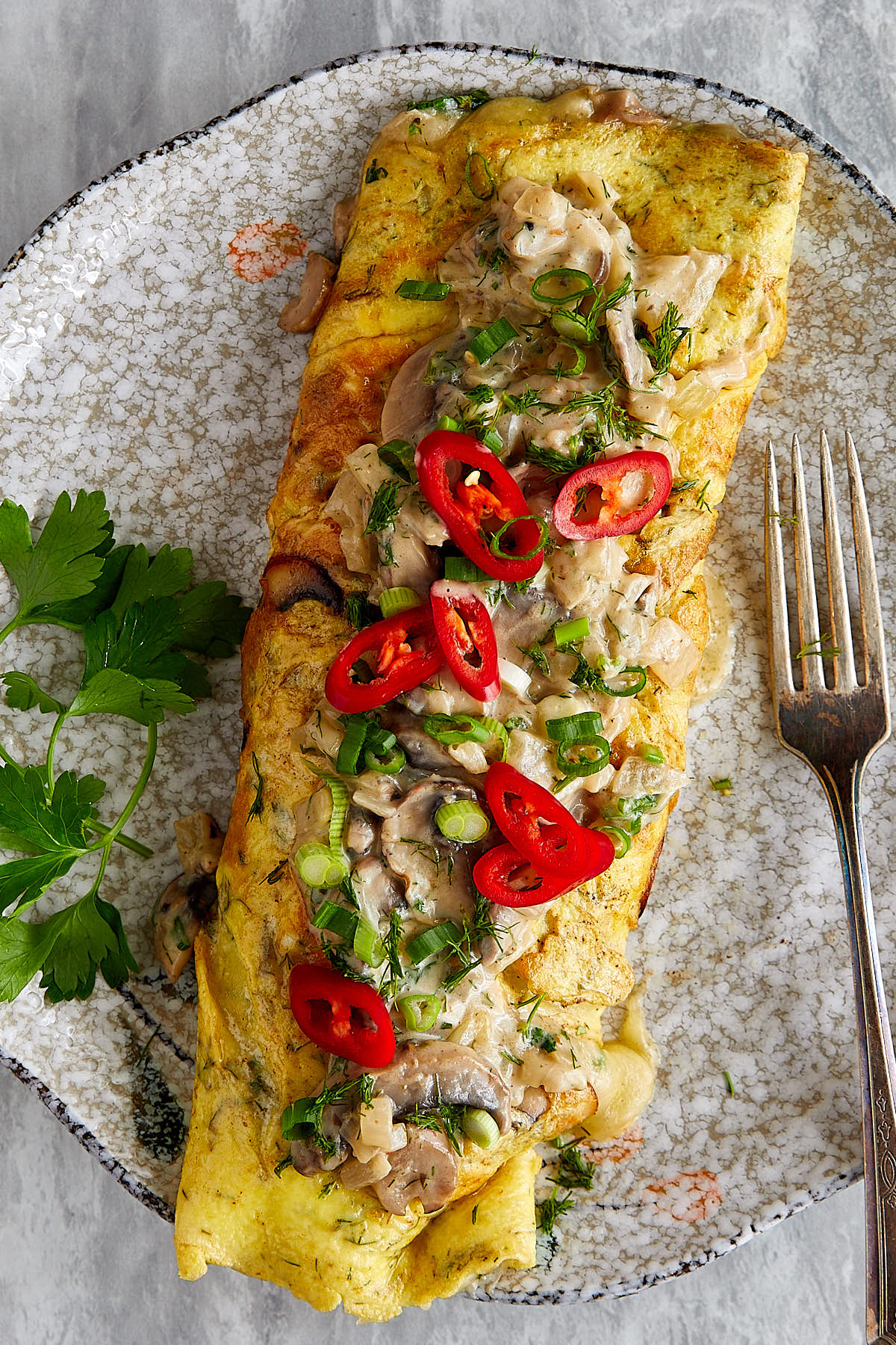 Delicious mushroom omelette, view from top