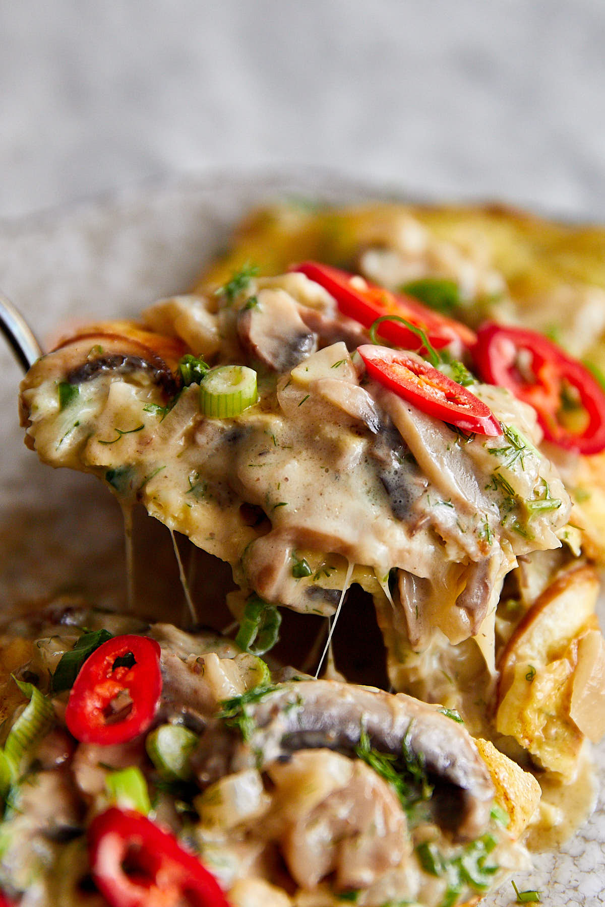 Delicious mushroom omelette with cheesy and creamy mushrooms.