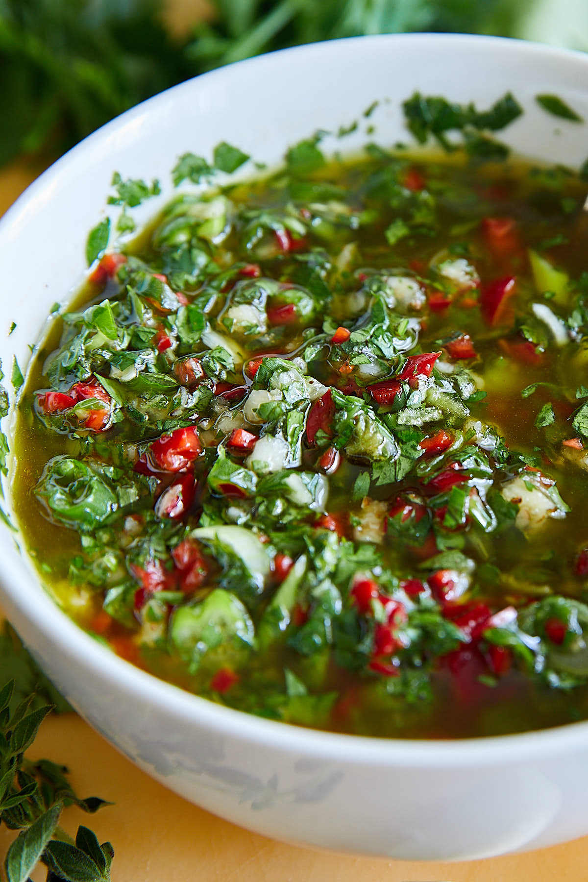 Cilantro Chimichurri in a white bowl.