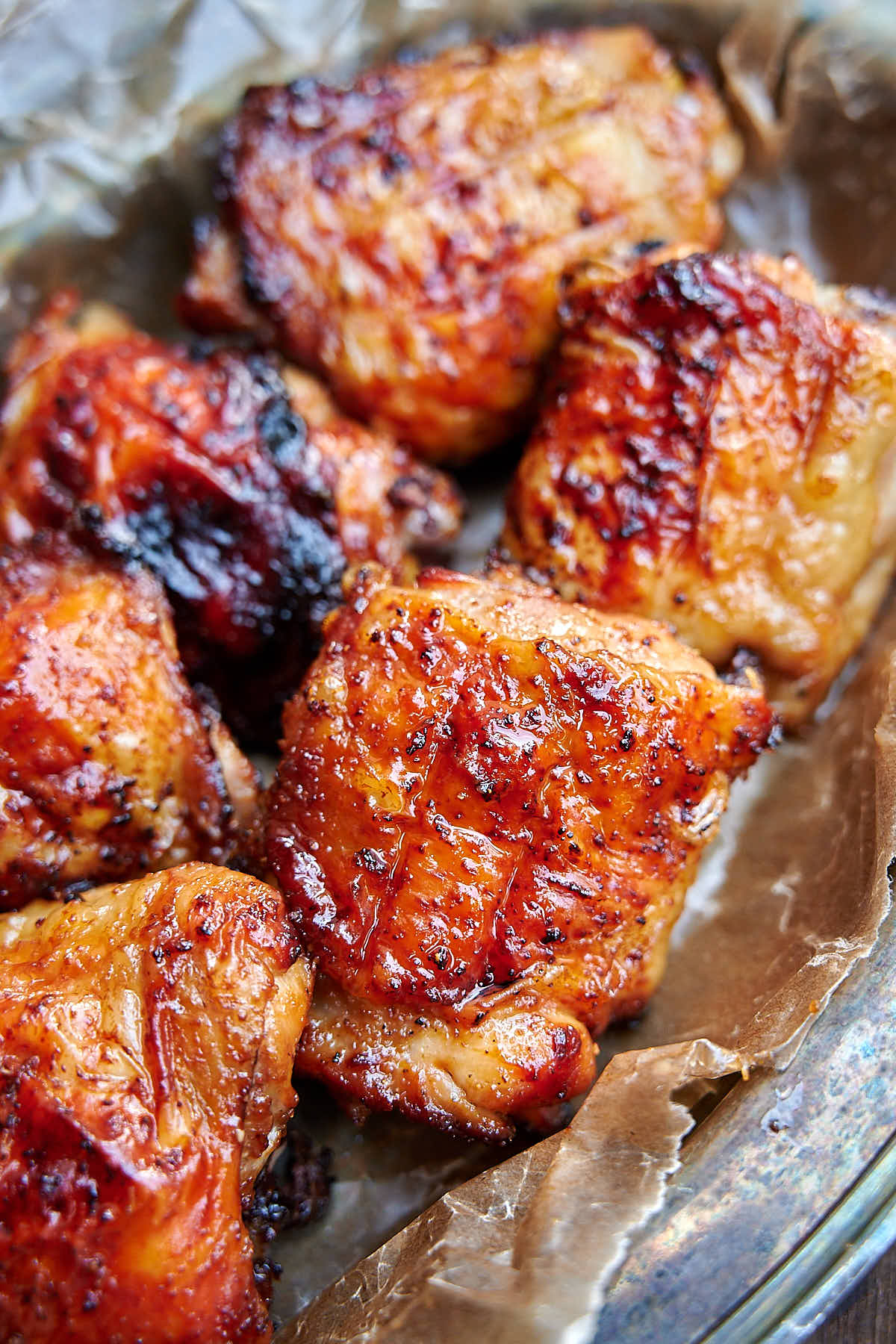 Close up of beautifully browned chicken thighs.