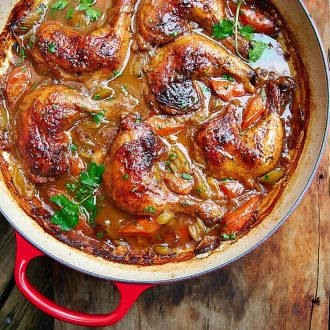 This Braised Chicken is fall-off-the-bone tender and exceptionally tasty. The ingredient list for this braised chicken is short and simple, while the flavors are deep and rich. The chicken is braised in gravy and there is not need to thicken the sauce later. | ifoodblogger.com