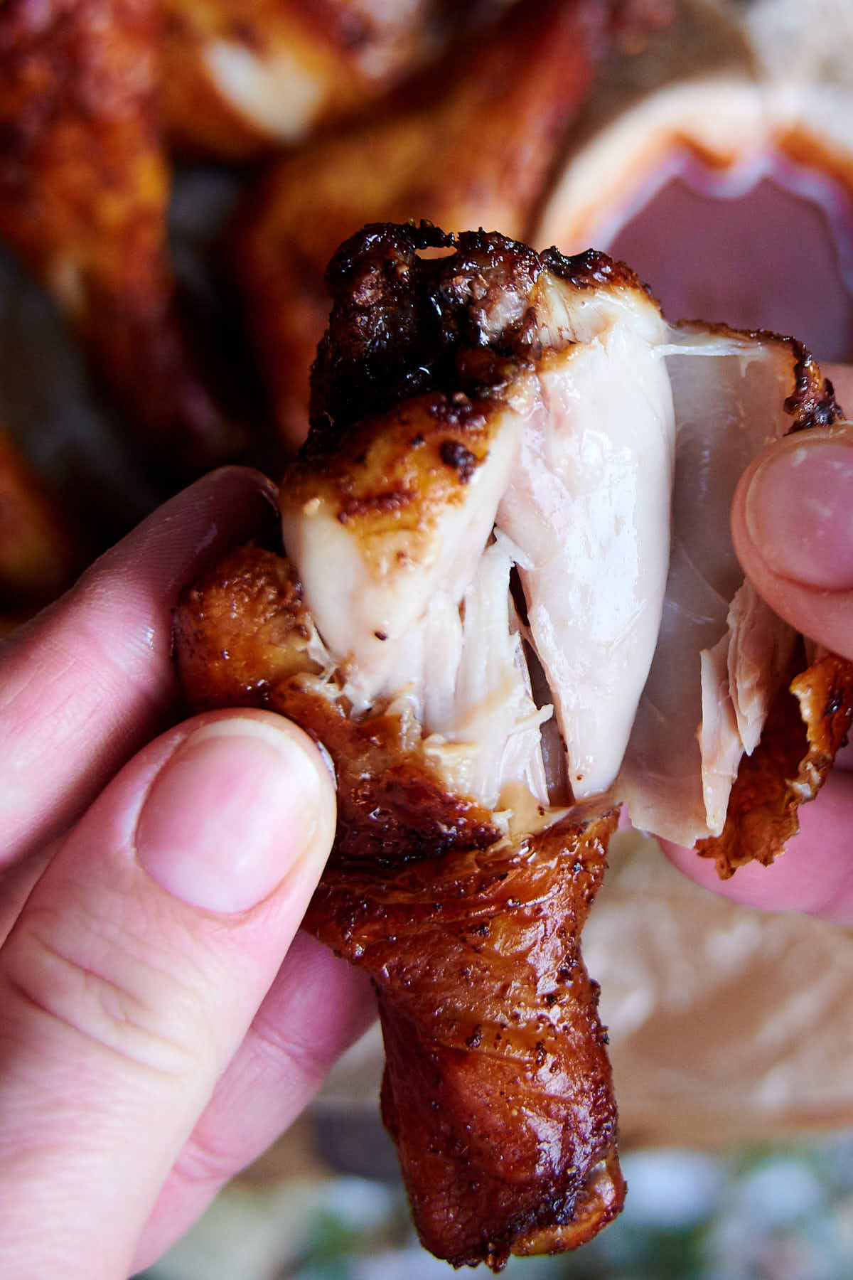 Close up of air fried chicken leg ripped apart, juices flowing.
