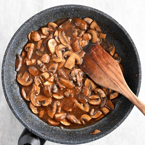 Mushroom sauce in a skillet.