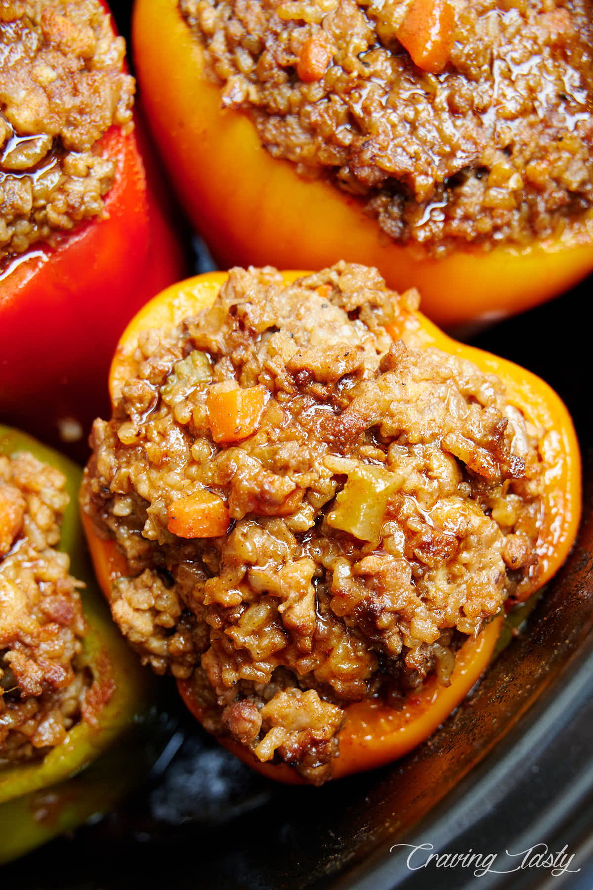 Yellow bell pepper stuffed with ground beef, pork and rice.