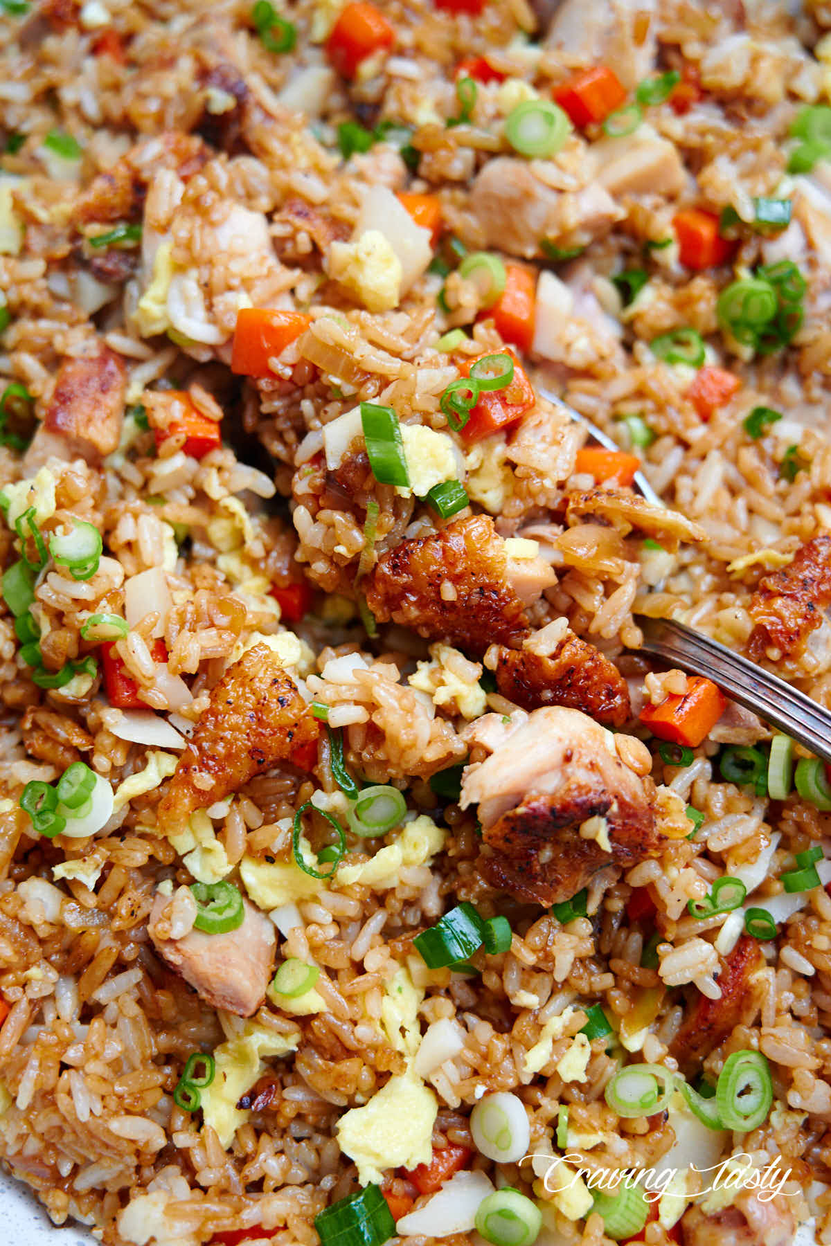 Close up of chicken pieces with rice and vegetables.