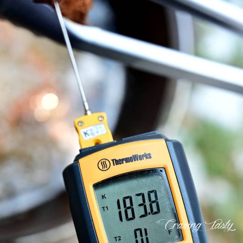 Thermometer checking chicken wing, showing 185F.
