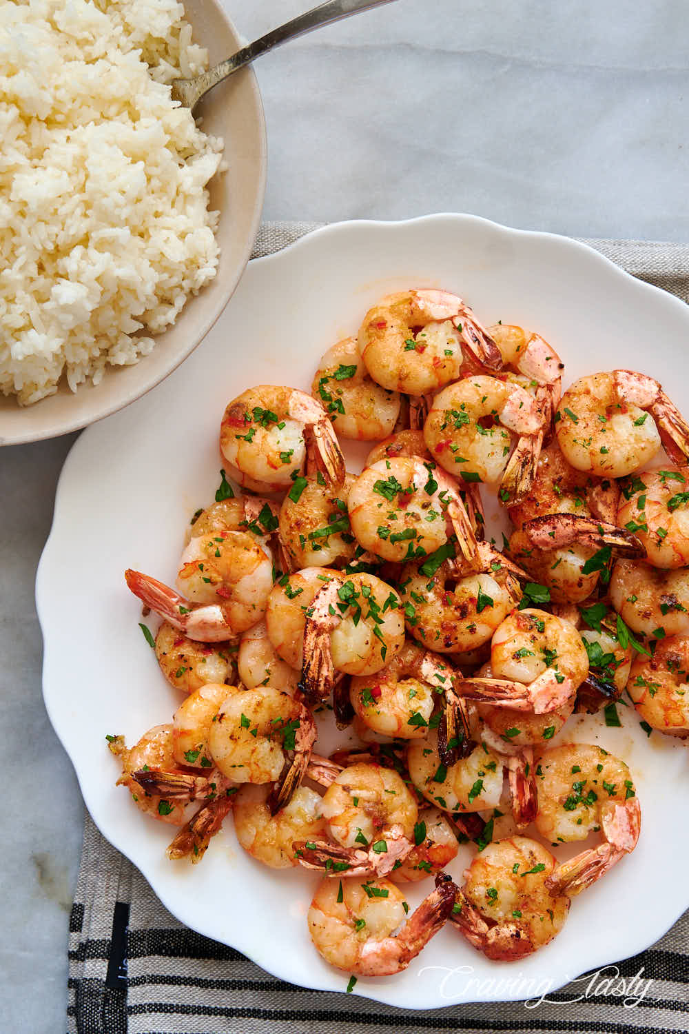 Shrimp and white rice.