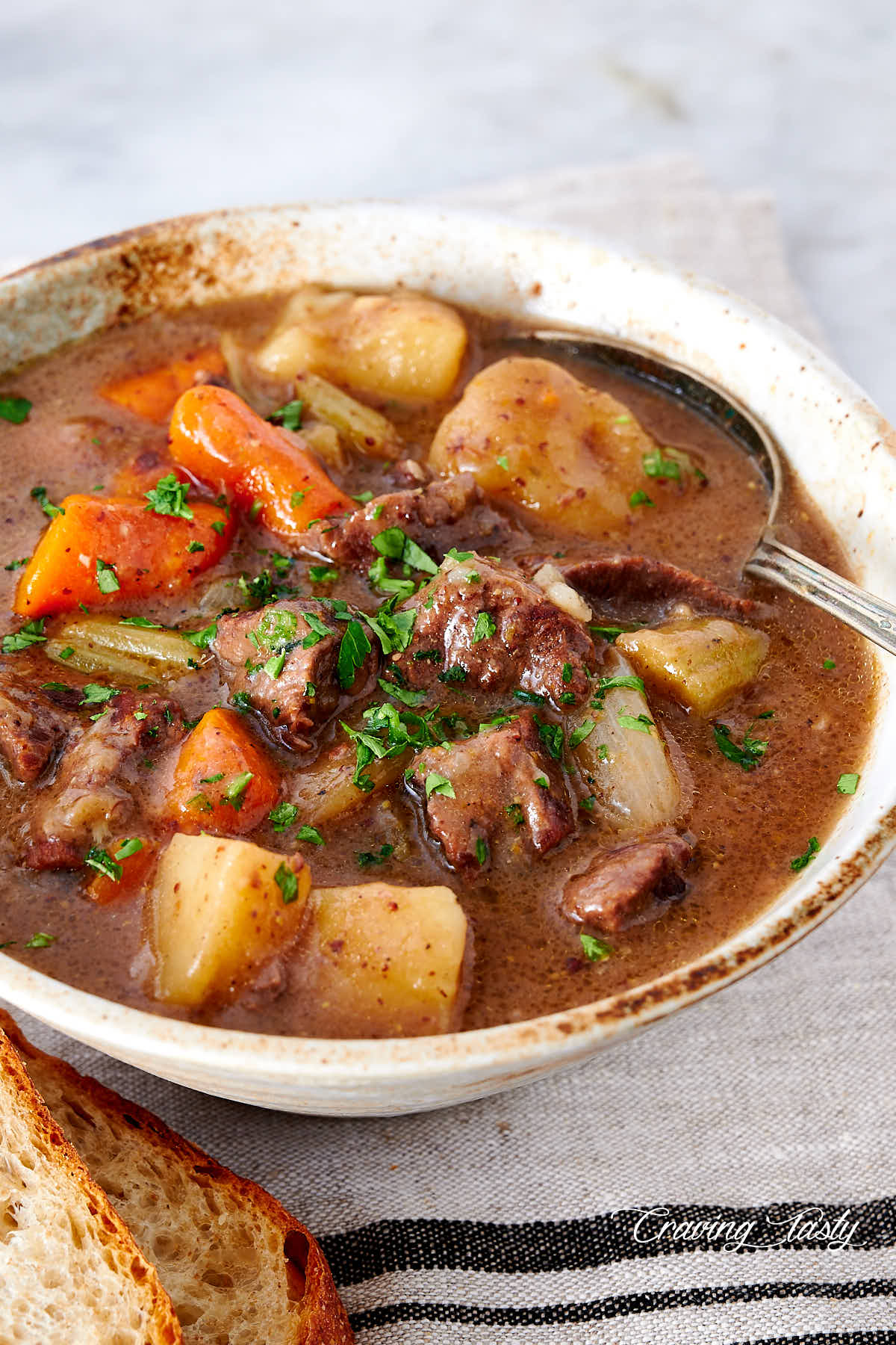 A bowl of beef stew made in Instant Pot.