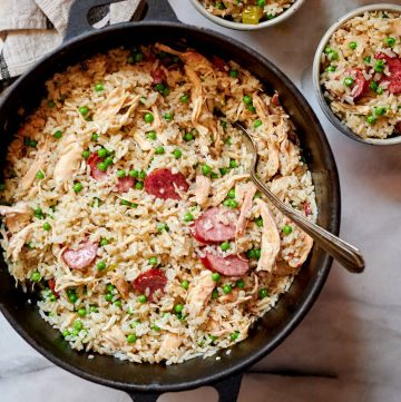 Chicken bog in a cast iron pot.