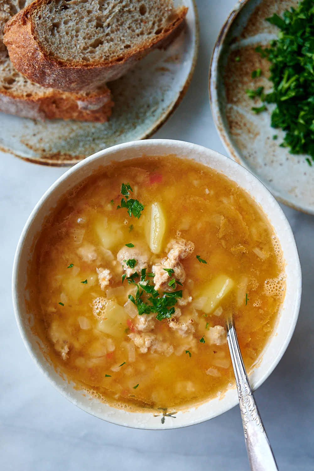 Lentil and chicken soup in a bowl