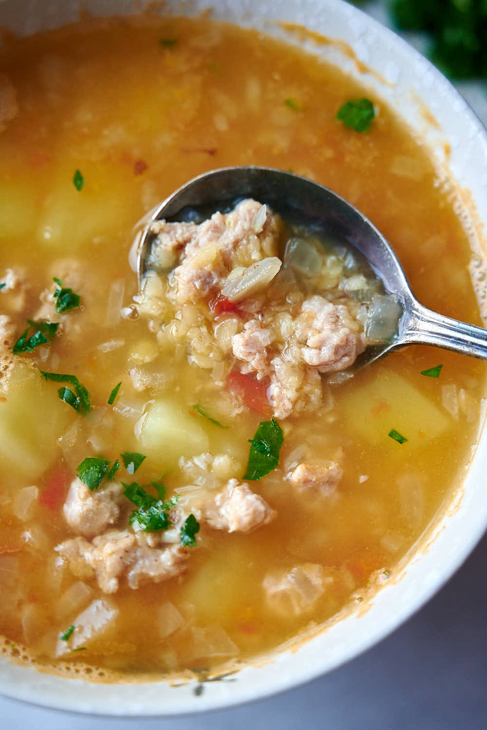 Chicken and lentil soup in a bowl.