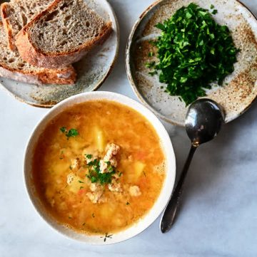 Chicken lentil soup with sourdough bread