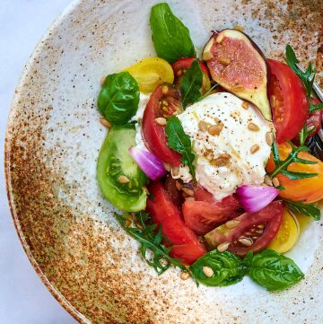 Heirloom Tomato Salad with Burrata Cheese and White Balsamic Vinegar