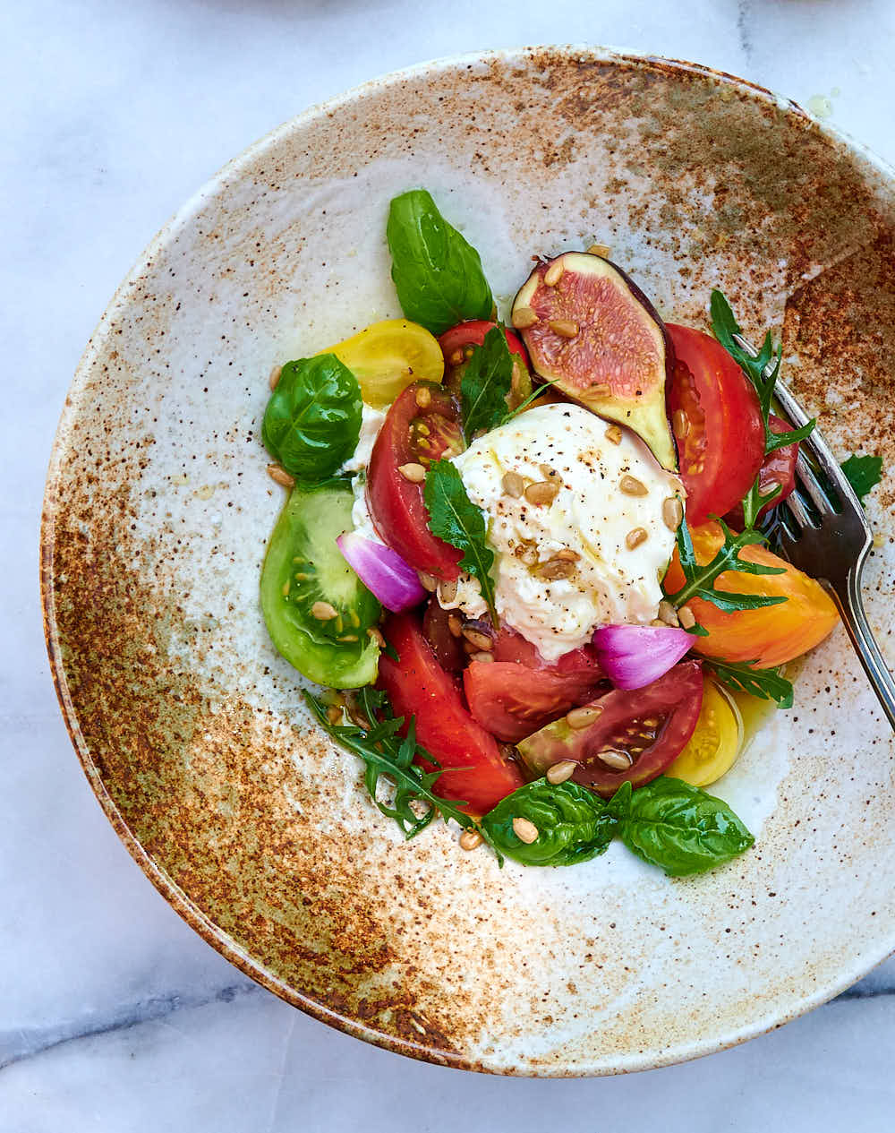 Heirloom Tomato Salad with Burrata Cheese and White Balsamic Vinegar