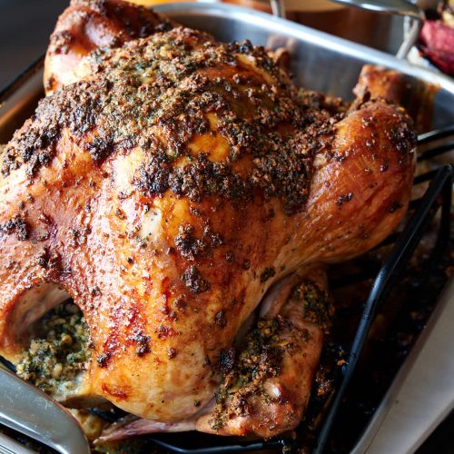 The best rurkey period. Injected with herb-infused butter and rubbed with a delicious mix of garlic, herbs, salt and pepper, this roasted turkey is scrumptious.