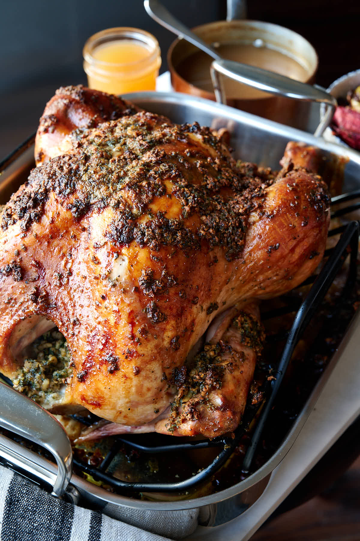 The best rurkey period. Injected with herb-infused butter and rubbed with a delicious mix of garlic, herbs, salt and pepper, this roasted turkey is scrumptious.