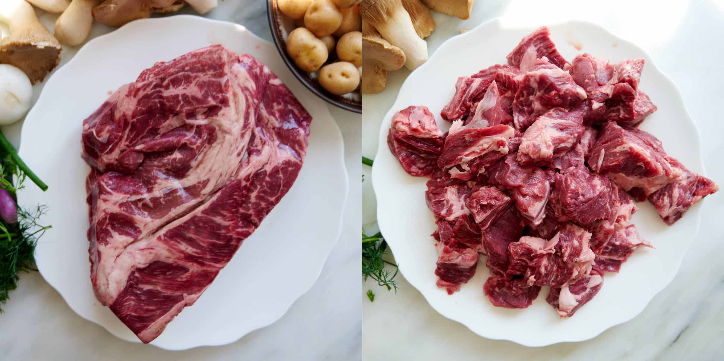 Raw beef chuck whole roast and cut into bite size pieces two photos next to each other.