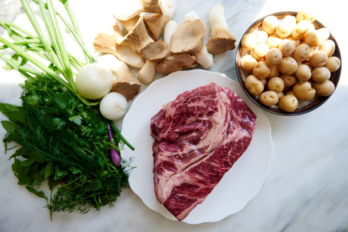 Ingredients for One Pot Beef and Potatoes dish.