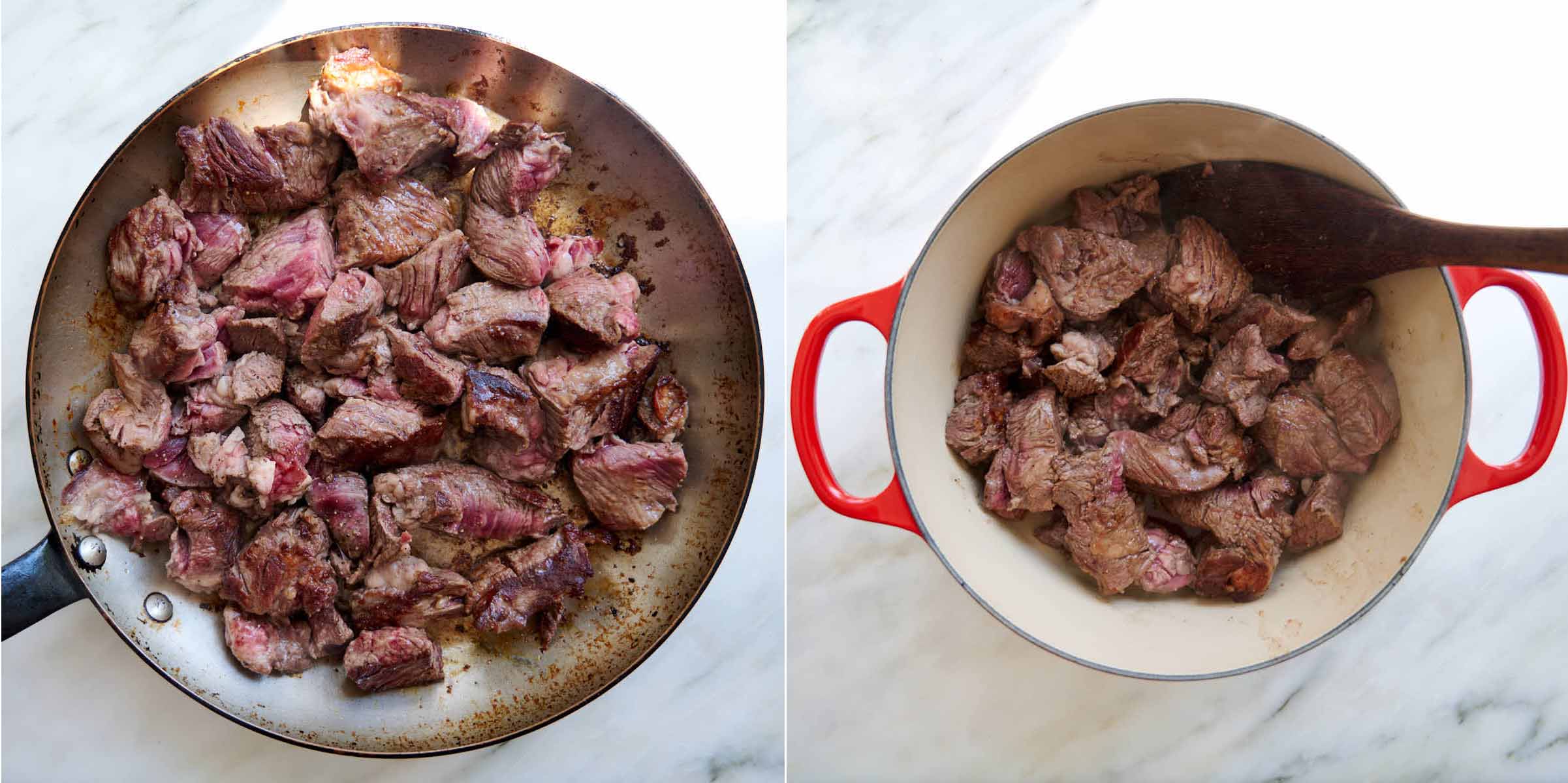Seared beef in a frying pan and in cast iron pot