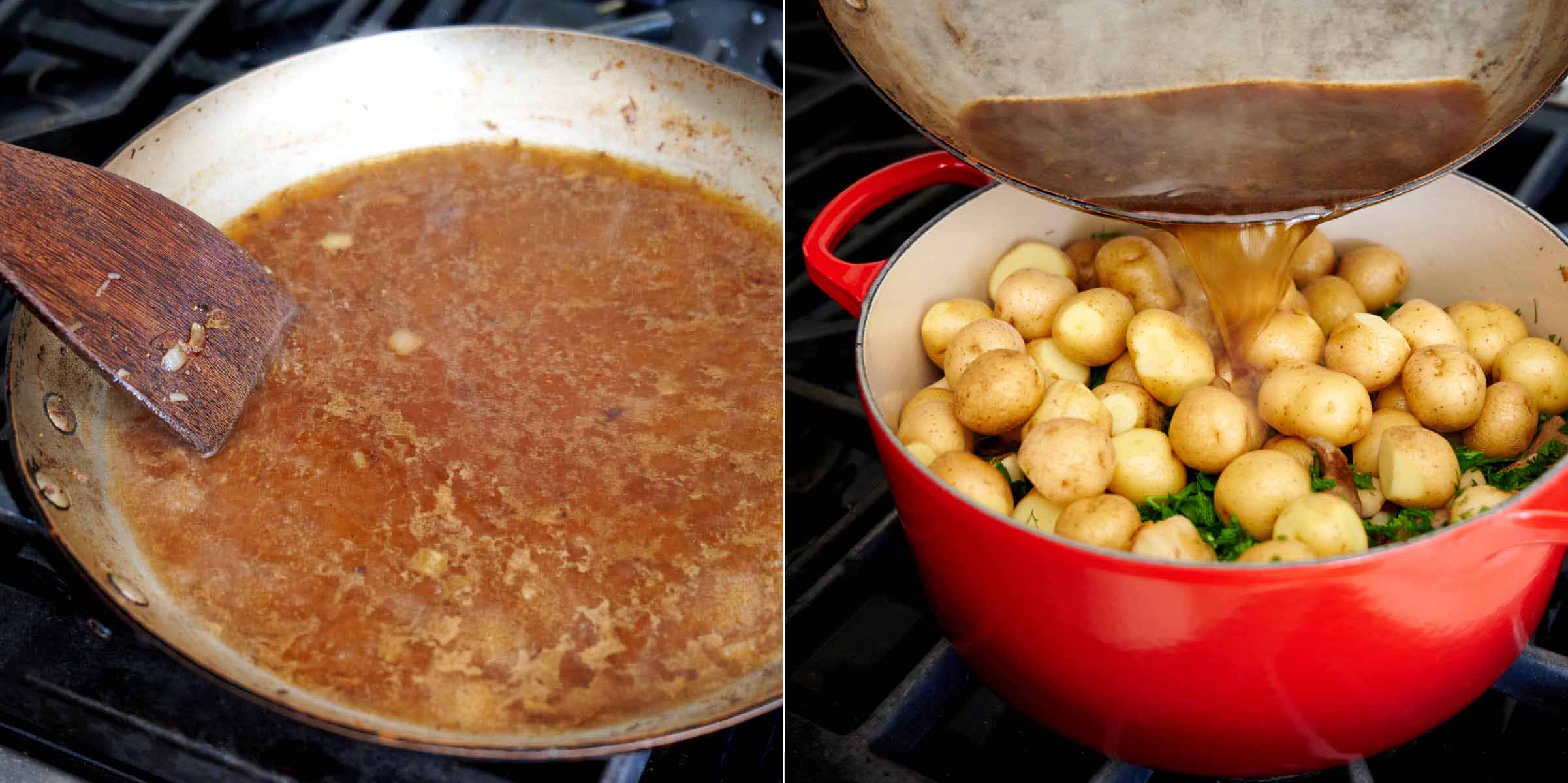 Deglaze the pan and pour it into the cast iron pot.