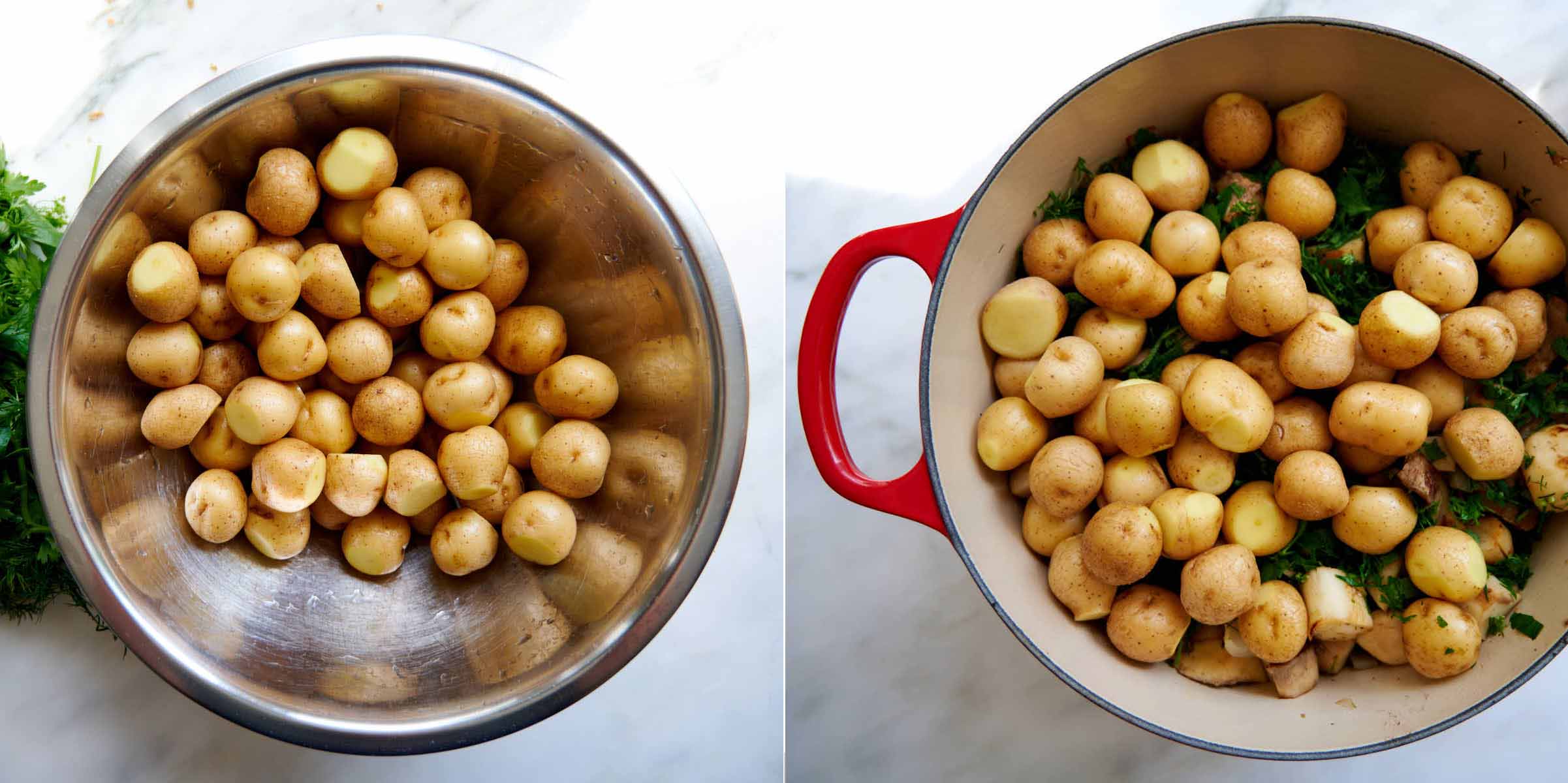 Little potatoes in a cast iron pot on top of meat, onions and chopped greens.