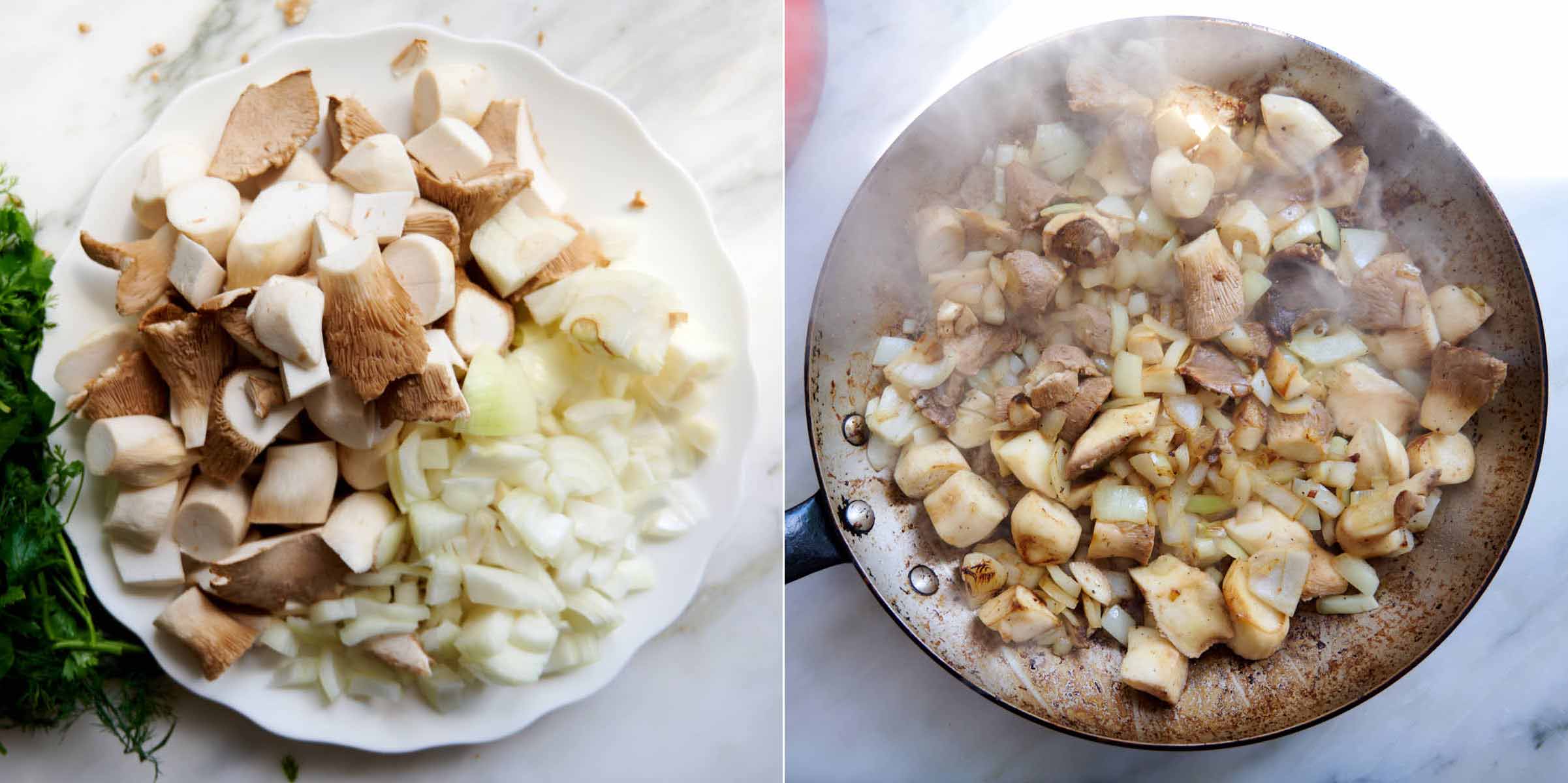 Raw chopped and pan seared mushrooms and onions.